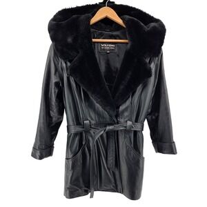 Wilsons Leather Black Hooded‎ Trench Coat Faux Fur Trim Belted Womens XS